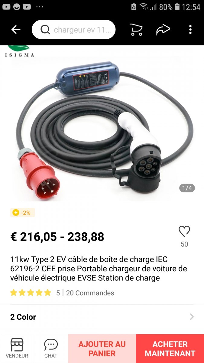 Câble de recharge portable voiture électrique type 2 vers P17 CEE schuko
