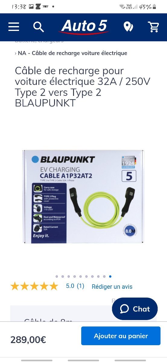 Blaupunkt A1P32AT2 type 2 câble de charge 250V 32A pour voiture
