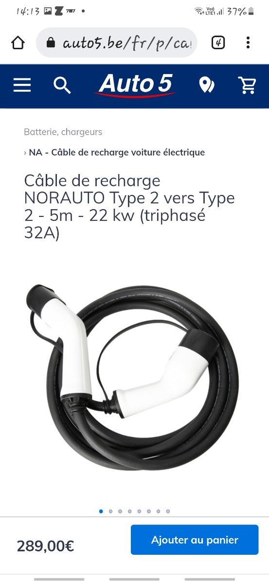 Câble de recharge voiture électrique NORAUTO Type 2 vers Type 2 - 5m - 3,6  kw (monophasé 16A) - Norauto