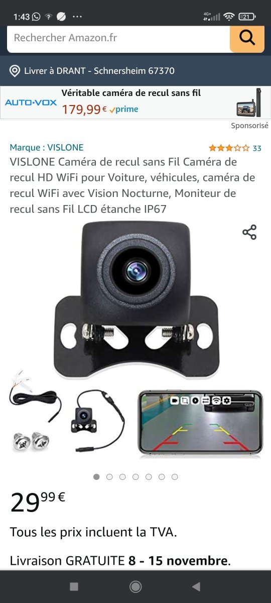 Caméra de recul sans fil HD WIFI Caméra de recul pour voiture, véhicules,  caméra de recul WiFi avec vision nocturne, moniteur de recul sans fil LCD  étanche IP67 